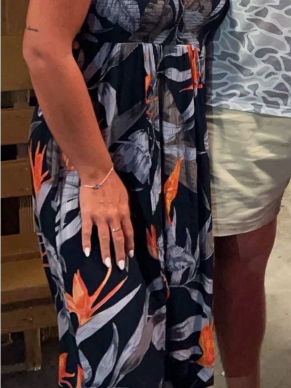 Navy Blue Floral Maxi Dress with Orange and Blue Leaf Print